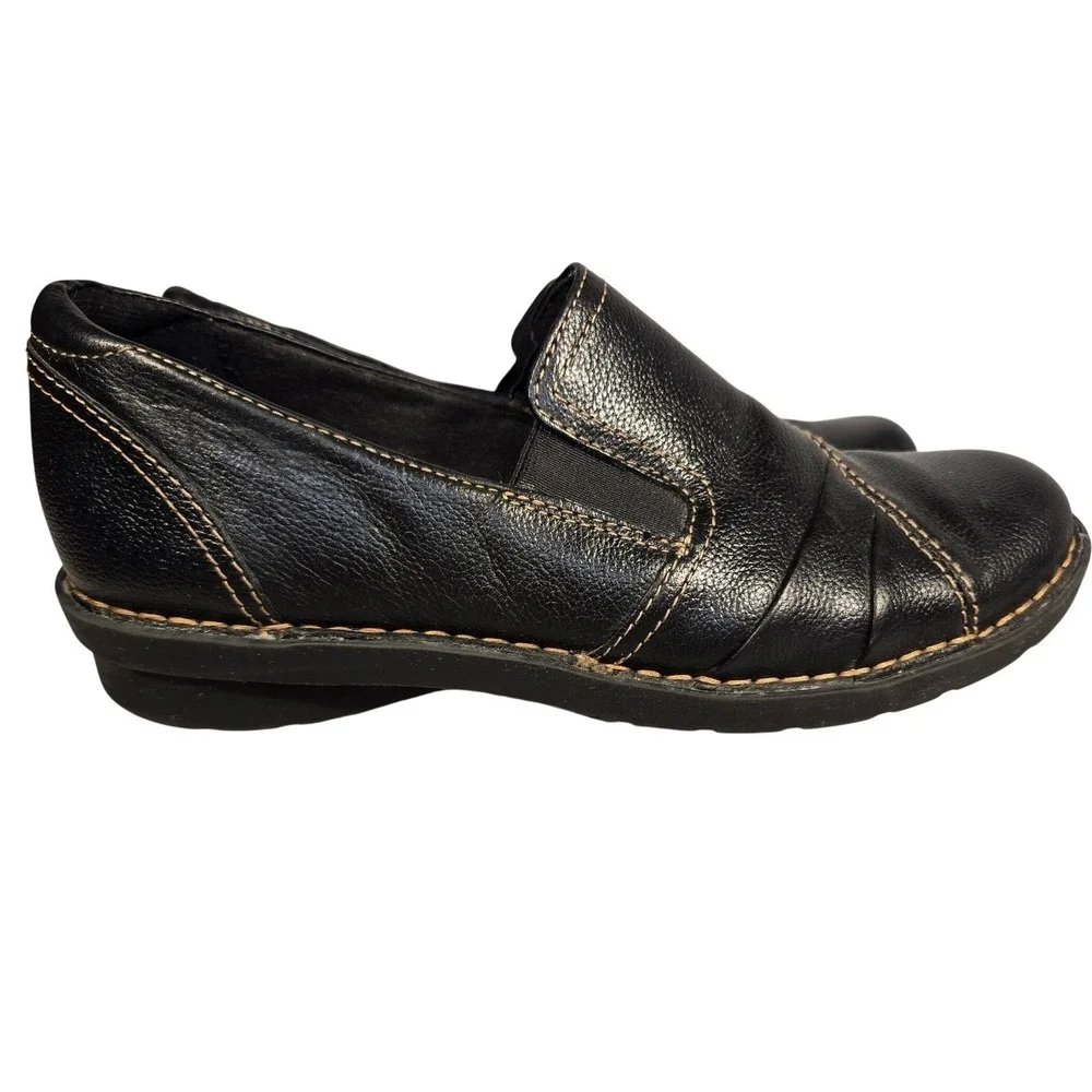 Clarks Bendables Womens‎ Black Leather Slip On Loafers Contrast Stitching Shoes